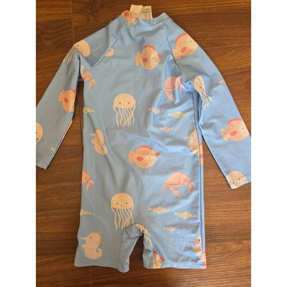 HM Kids Light‎ Blue Sea Creature Print Long Sleeve One Piece Swimsuit 18M 2T